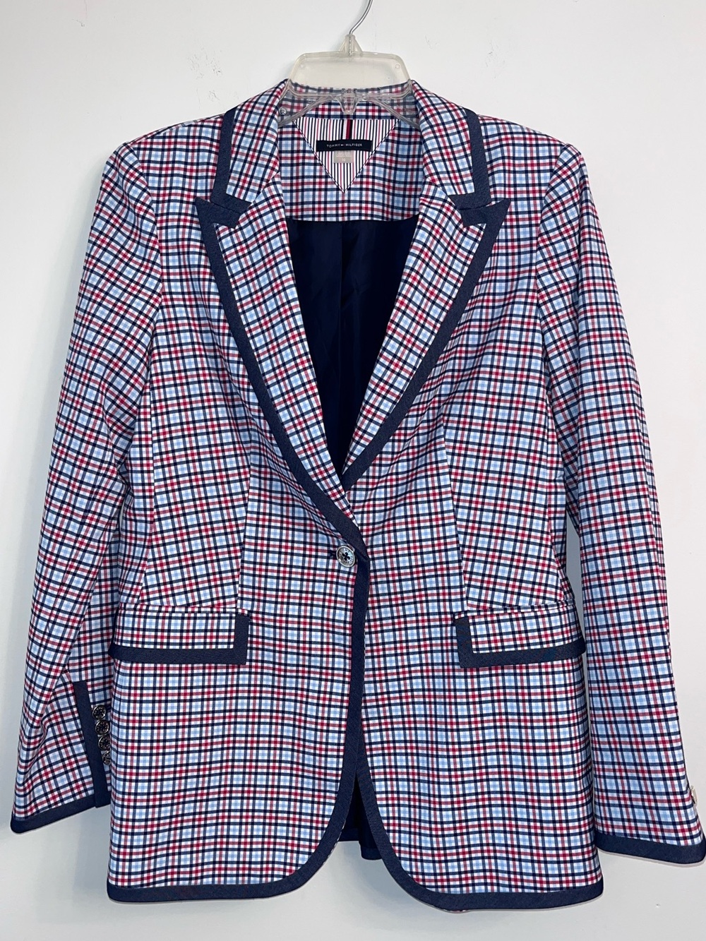 Tommy Hilfiger Preppy Micro-Plaid Piping Trim Blazer Jacket Size 10 NWOT